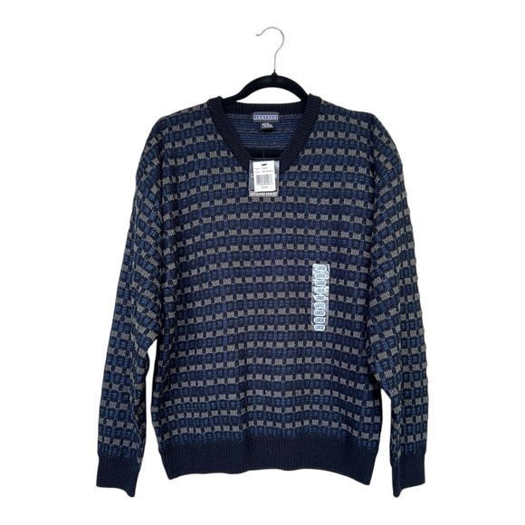 NEW Jantzen Mens Navy and Gray V-Neck Grunge Knit Sweater Size L